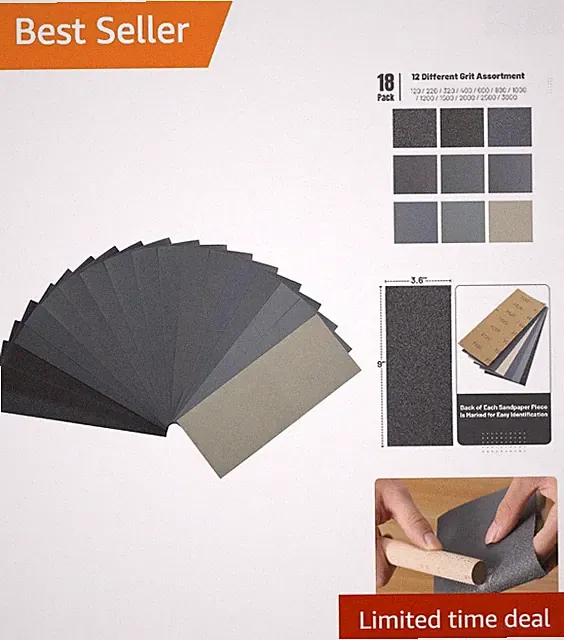 18 Sheets Sandpaper Set - 120-3000 Grit for Automotive & Wood Finishing
